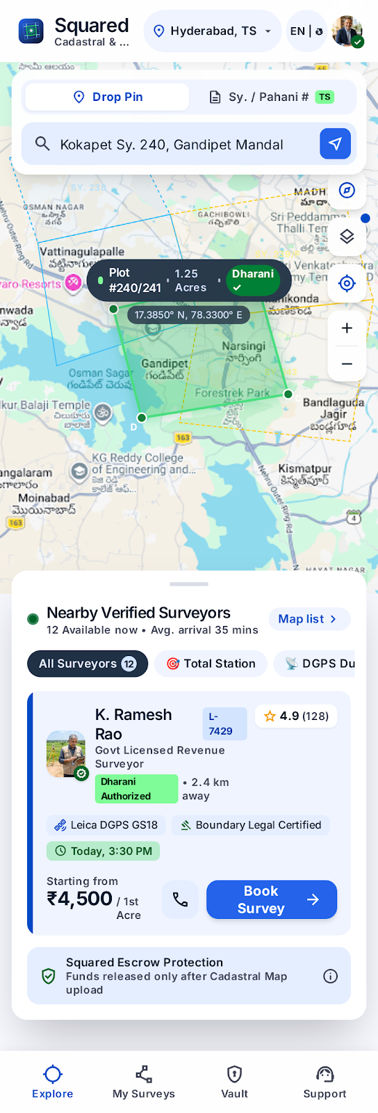 Mobile map-first survey search with parcel boundaries and a selected land pin