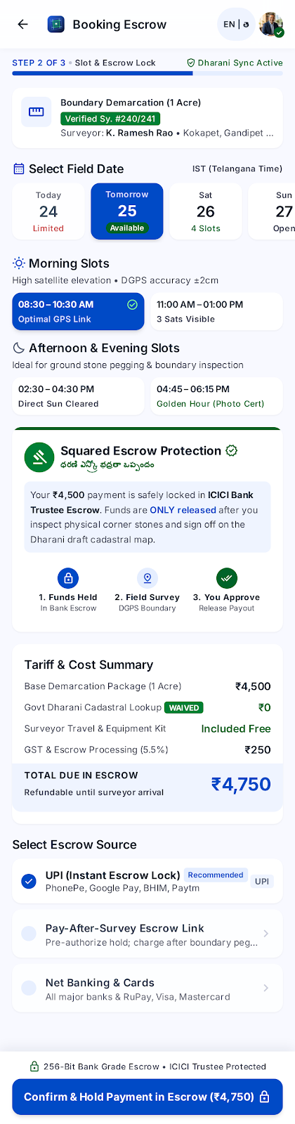 Survey booking interface with appointment selection and clear checkout details